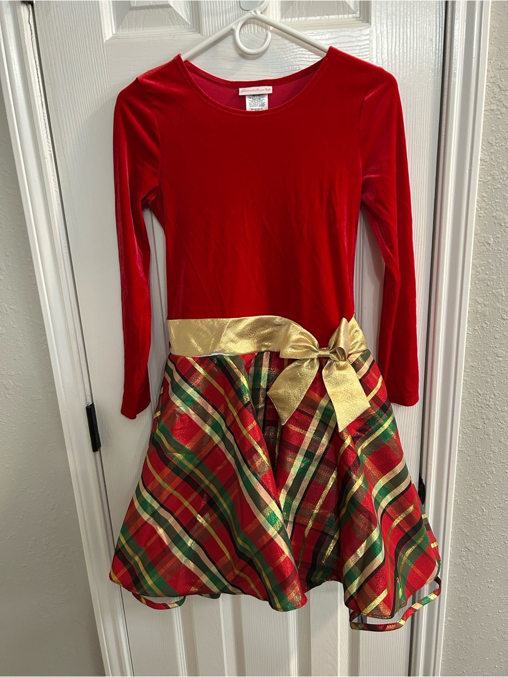 Bonnie Jean Girls Red Green Plaid Velvet Fit & Flare Long Sleeve Dress 16